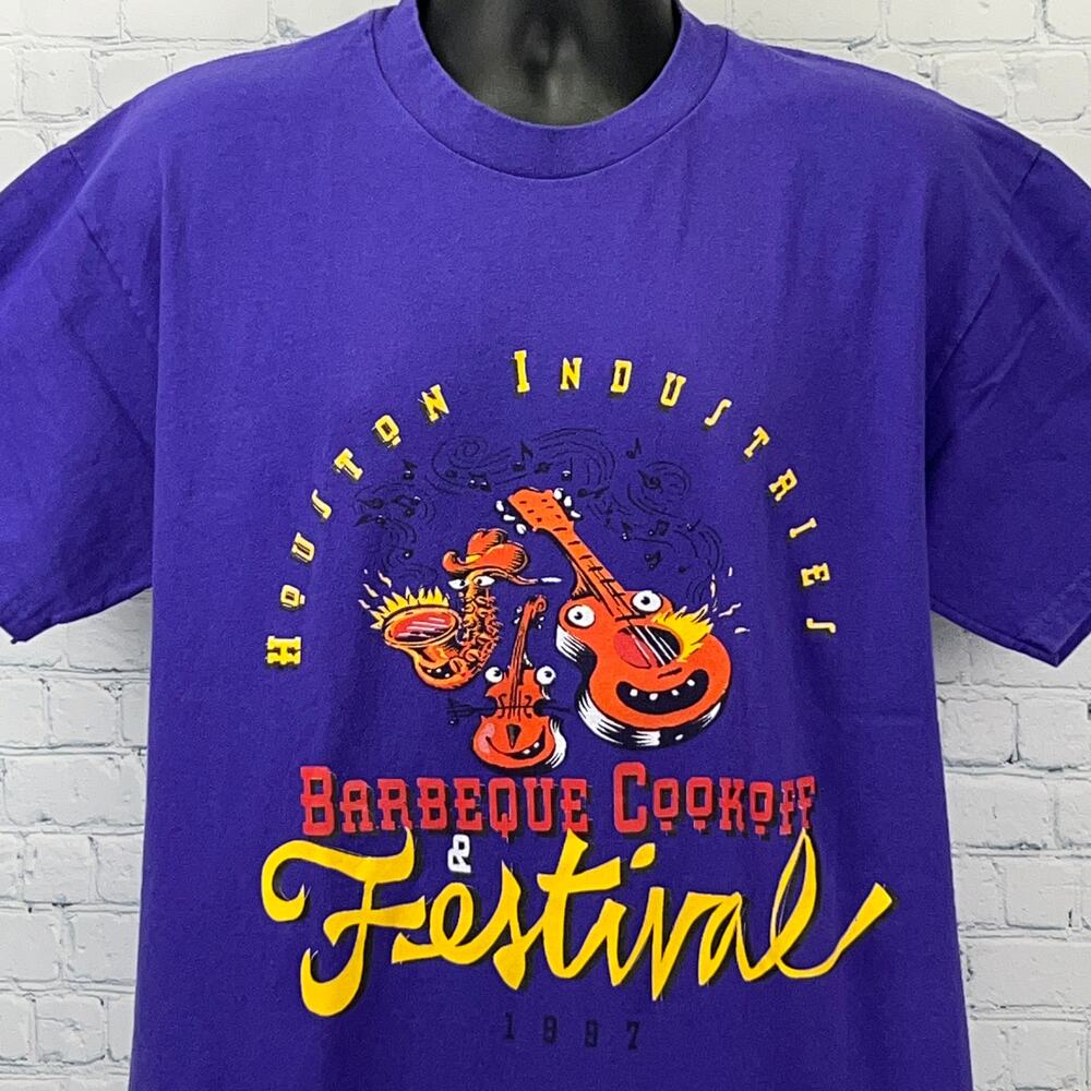 Vintage 90s Houston Industries Barbeque Cookoff T Shirt BBQ Texas Purple L Large